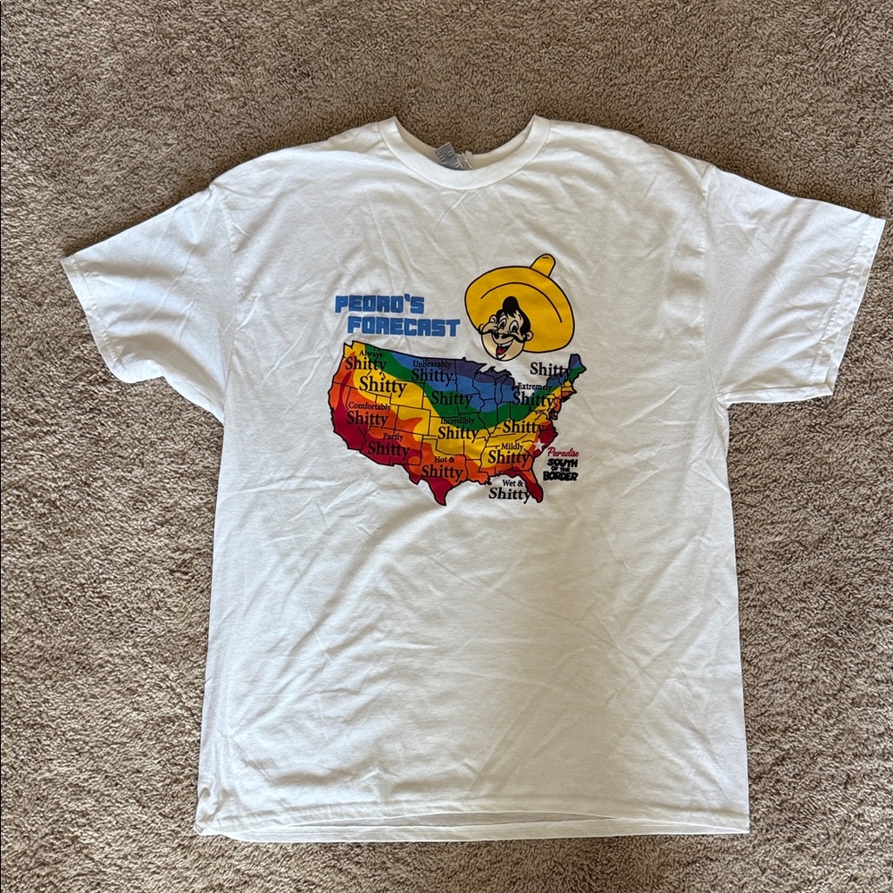 South of the Border, Gildan White T-Shirt with Colorful Map and Cartoon Design